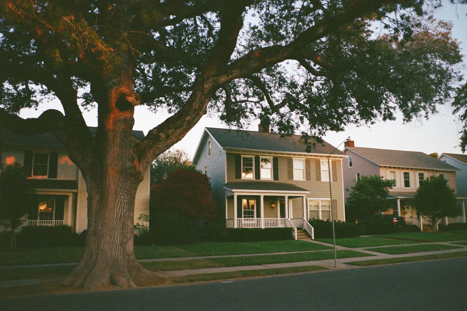 A tree-lined residential street of porch-front houses at dusk