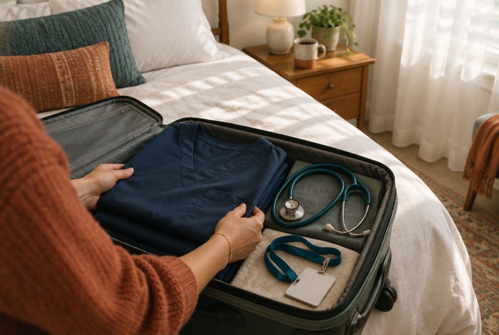 Hands unpacking scrubs and a stethoscope from a suitcase on a made bed in a furnished bedroom