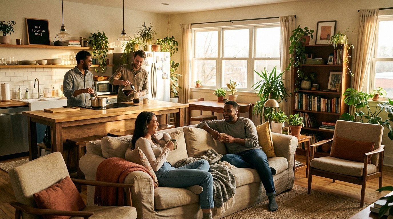 Housemates relaxing and cooking together in a bright, fully furnished Be Nice co-living home