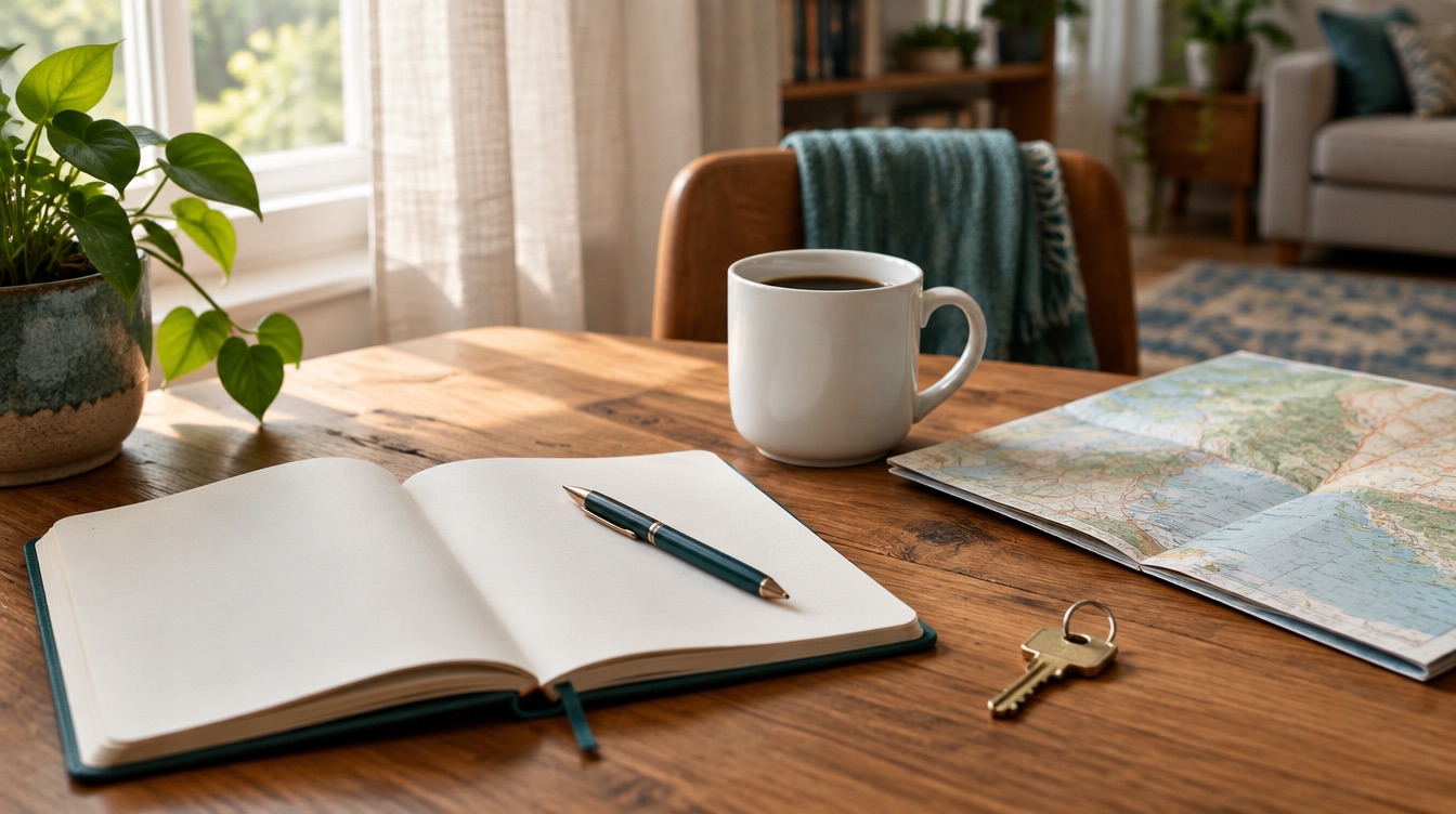 An open notebook, a cup of coffee, a folded map and a house key on a sunlit wooden table